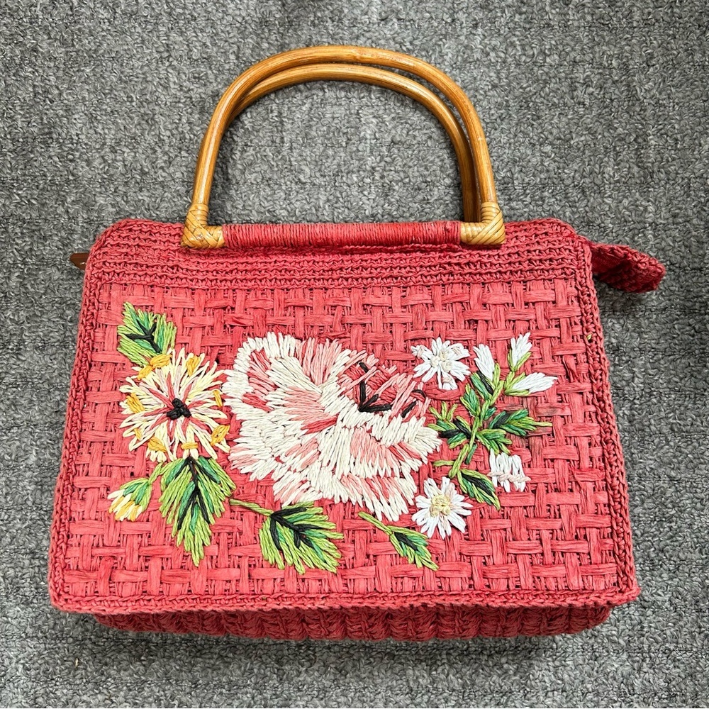 Vintage Fossil Multi-Color flower Handbag Woven Round Handles